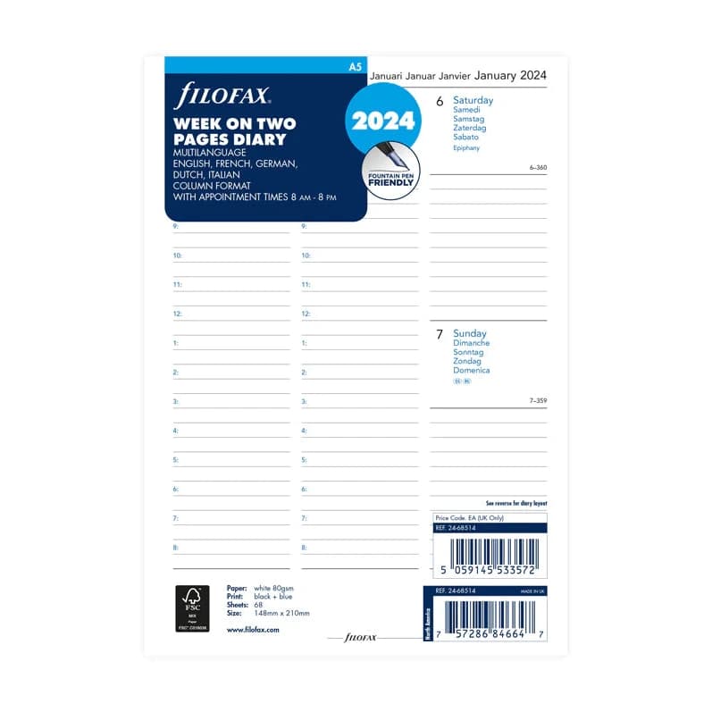 A5 Recambio Agenda Filofax Semanal 2024