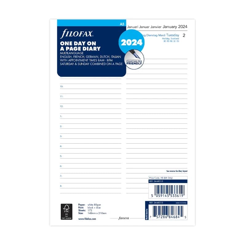 A5 Recambio Agenda Filofax Diaria 2024